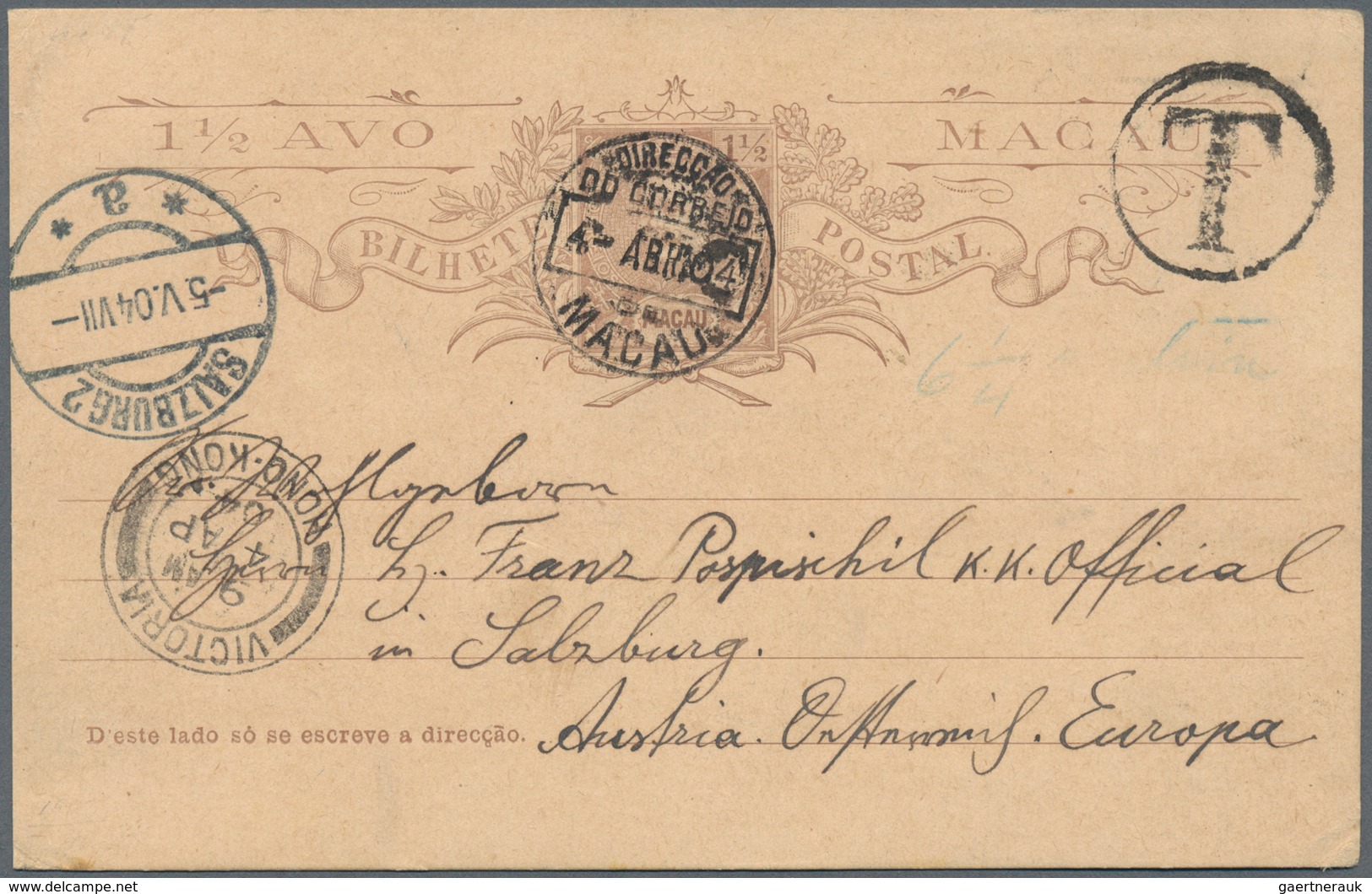 Macau: 1904, Stationery Card 1 1/2 A. Canc. "MACAU 4 ABR 04" To Salzburg/Austria, Large Circular Fra - Other & Unclassified