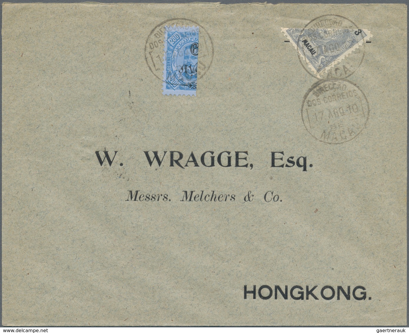 Macau: 1910, Bisects Of Each 6 A./200 R. And 3 A. Grey Tied "MACAU 17 AGO 10" To Cover To Hong Kong - Sonstige & Ohne Zuordnung