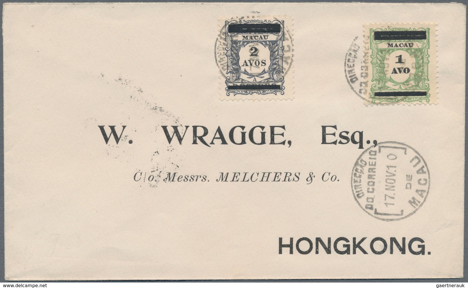 Macau: 1910, 1 A. On Light Green And 2 A. On Slate Violet Tied "MACAU 17 NOV 10" To Cover To Hong Ko - Sonstige & Ohne Zuordnung