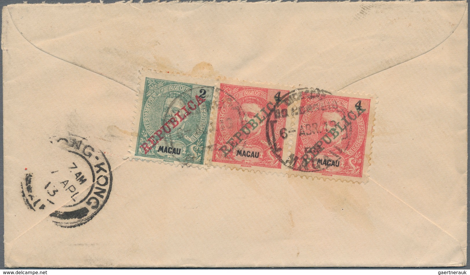 Macau: 1911, 2 A. Bluish Green And 4 A. Carmine (pair) Tied "MACAU 6 ABR 13" To Reverse Of Cover Via - Sonstige & Ohne Zuordnung