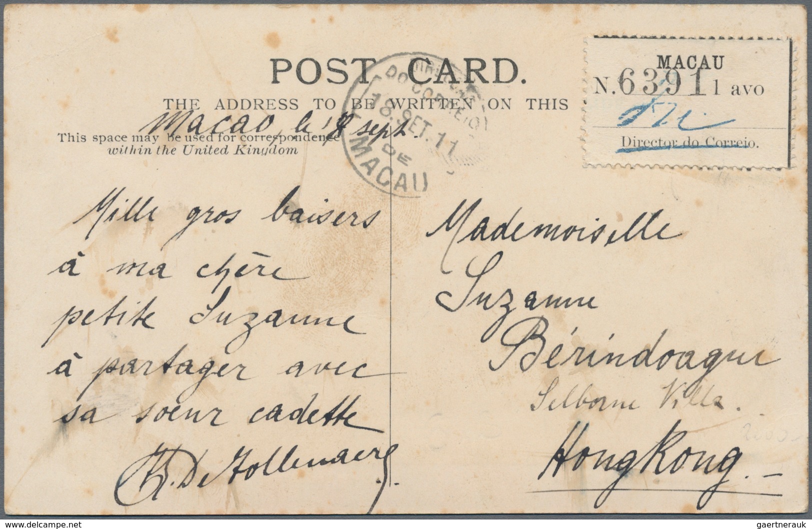 Macau: 1911, Emergency Issue 1 Avo On Ppc ("the Governors Palace, Macao") With "MACAO 18 SET 11" Alo - Sonstige & Ohne Zuordnung