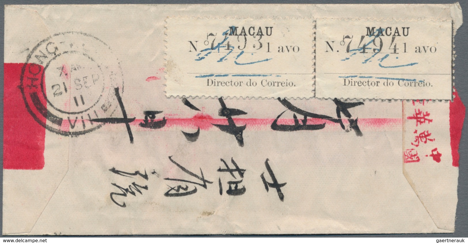 Macau: 1911, Emergency Issue 1 Avo (horiz. Pair) On Reverse Of Red Band Cover W. "MACAO 20 SEPT 11" - Andere & Zonder Classificatie