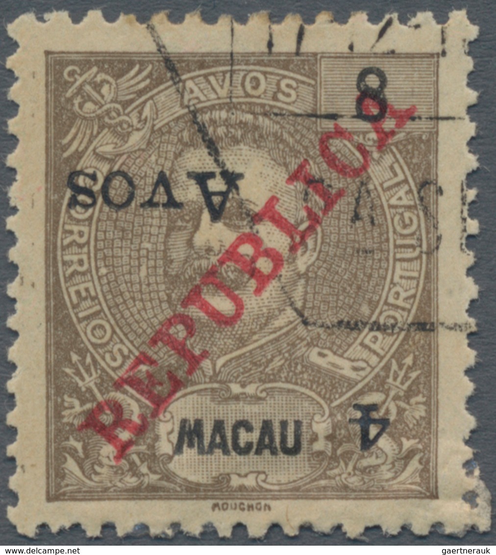 Macau: 1913, 4 A. On 8 A., Surcharge Inverted, Used, Torn Corner Perf. Backed. - Autres & Non Classés