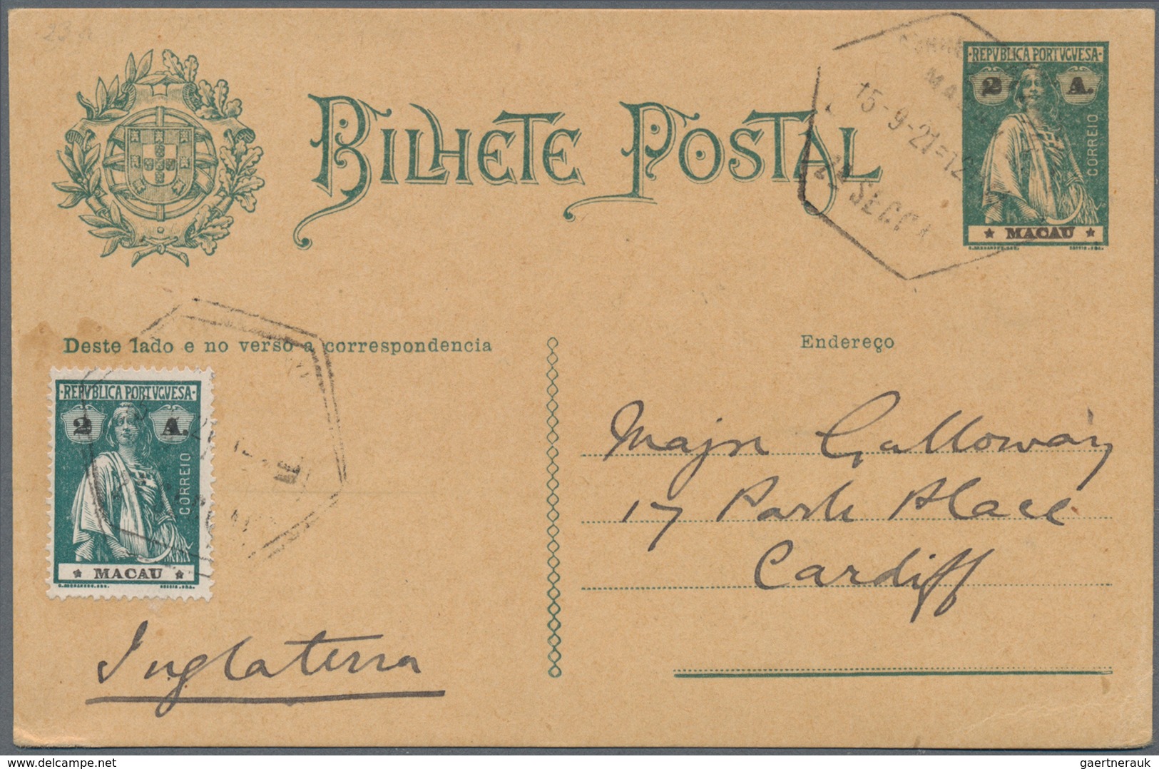 Macau: 1921, Stationery Card 2 A. Green Uprated 2 A. Gfeen Tied "MACAU 15-9-21" To Cardiff/Wales, UK - Sonstige & Ohne Zuordnung