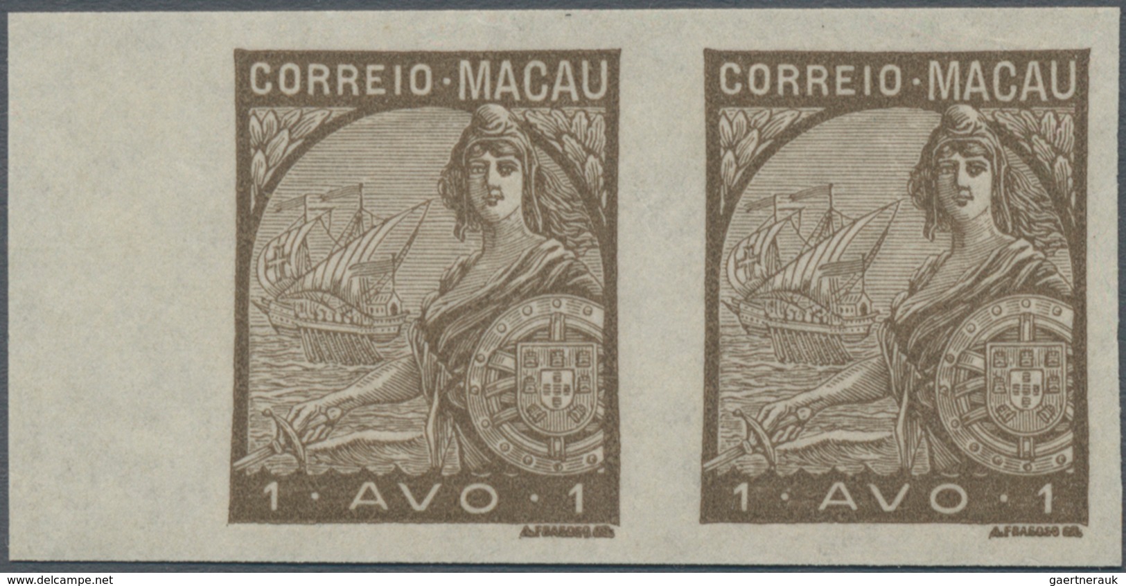 Macau: 1934, Padroes, Proof: 1 A. Olive Brown, Imperforated, A Left Margin Pair, No Gum. - Andere & Zonder Classificatie