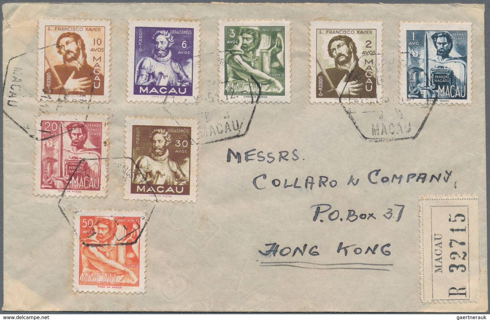 Macau: 1951, Personalities Set 1 A.-50 A. Tied "MACAU 1.XI.51" To Registered Cover To Hong Kong. - Andere & Zonder Classificatie