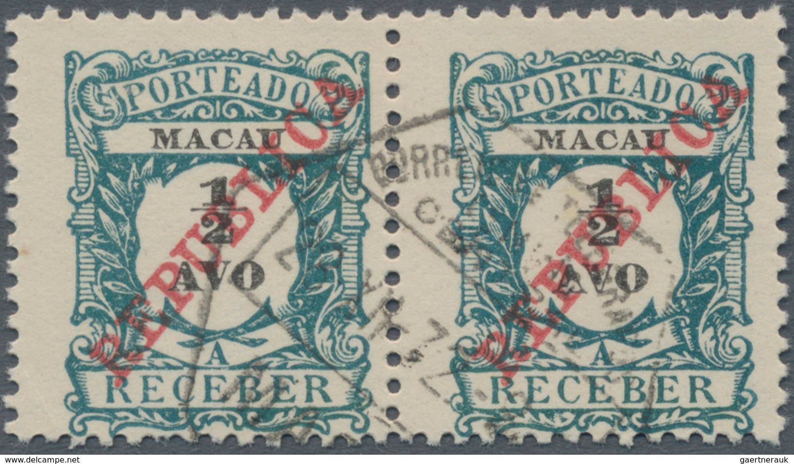 Macau - Portomarken: 1914, 1/2 A. Bluish Green/black, A Horizontal Pair Canc. "MA(CAU) 26 XII 32", R - Other & Unclassified