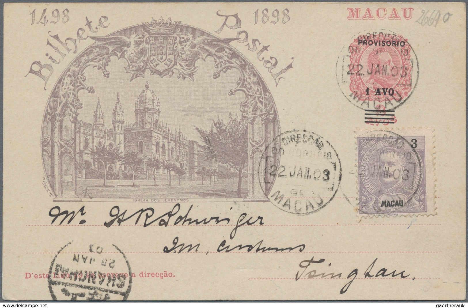 Macau - Ganzsachen: 1902, Card 1 A./2 A. Uprated 3 A. Grey Canc. "MACAU 22 JAN 03" To Schweiger Of I - Postwaardestukken