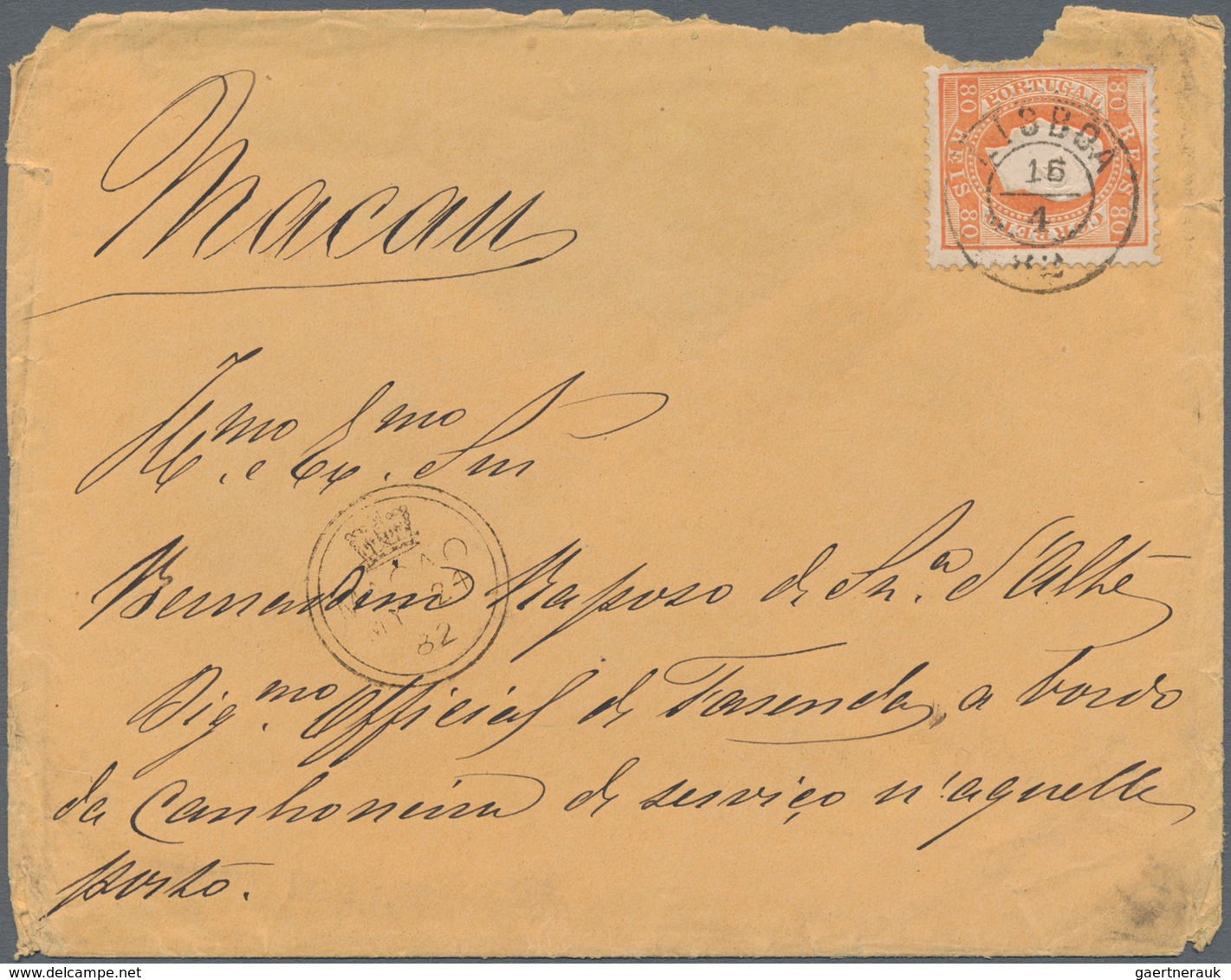 Macau - Besonderheiten: 1882, Incoming Mail, Portugal 80 R. Orange Tied "LISBOA 15/4 82" To Cover To - Andere & Zonder Classificatie