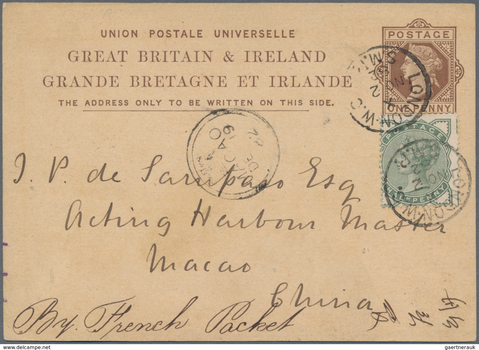 Macau - Besonderheiten: 1882, Incoming Mail, Crowned "MACAO DE 19 82" On Card UK QV 1d Uprated QV 1/ - Sonstige & Ohne Zuordnung