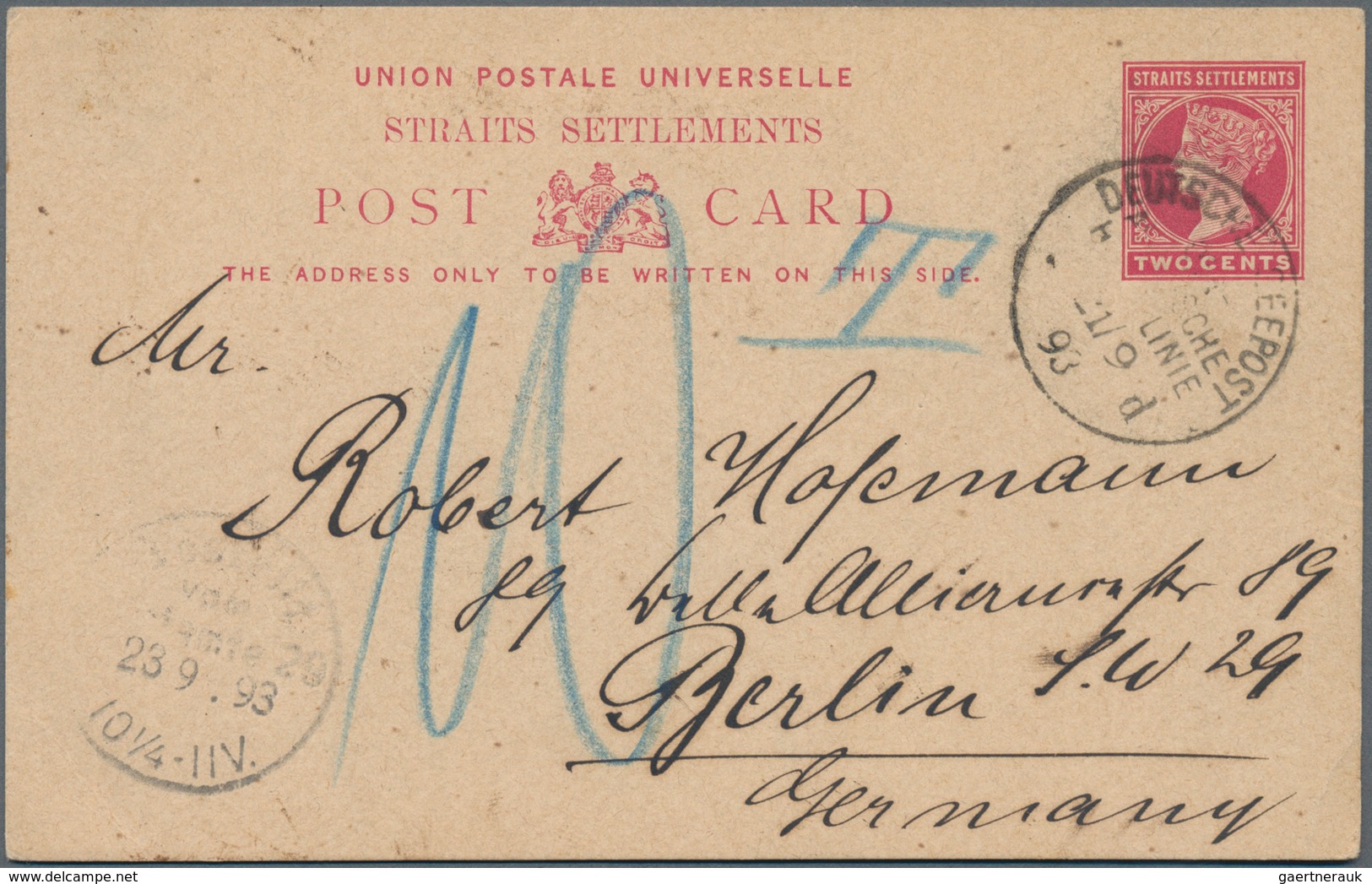 Malaiische Staaten - Straits Settlements: 1893 Postal Stationery Card 2c. Carmine Used From Singapor - Straits Settlements