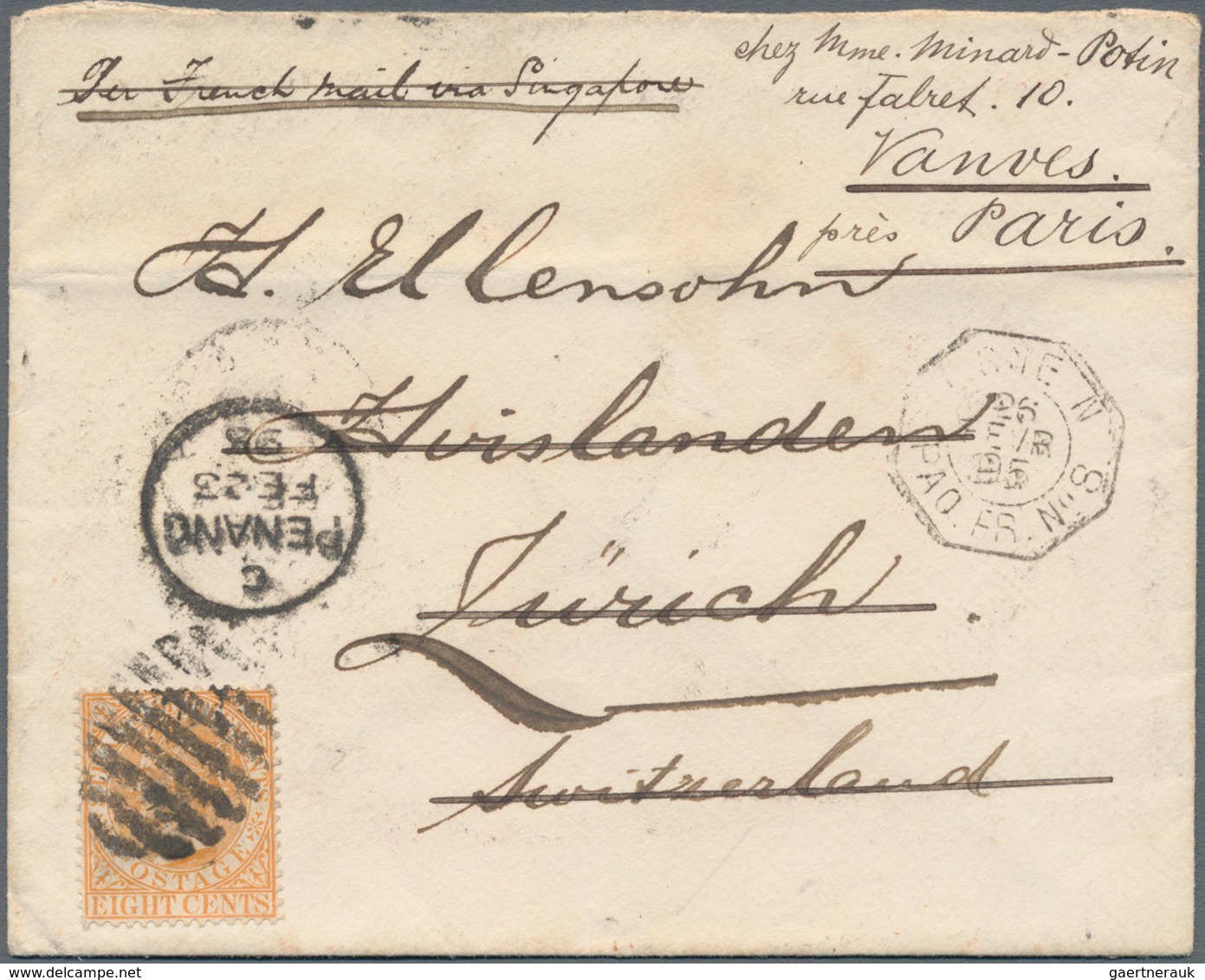 Malaiische Staaten - Straits Settlements: 1895, 8c. Orange On Cover From "PENANG FE 23 95" To Zurich - Straits Settlements