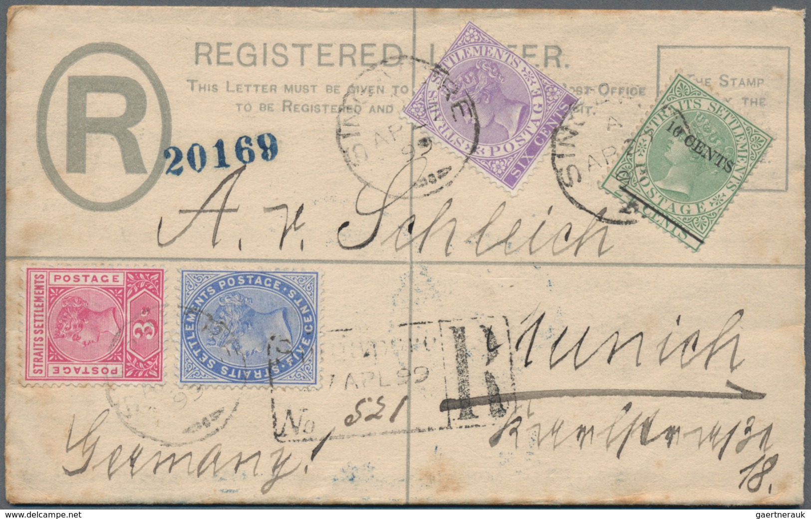 Malaiische Staaten - Straits Settlements: 1899, Five C Blue Registered Letter With Additional Franki - Straits Settlements