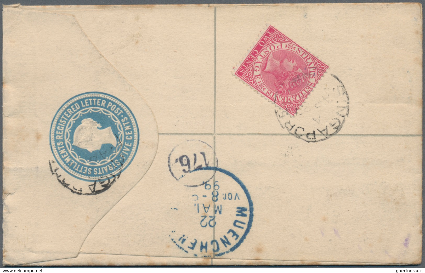 Malaiische Staaten - Straits Settlements: 1899, Five C Blue Registered Letter With Additional Franki - Straits Settlements