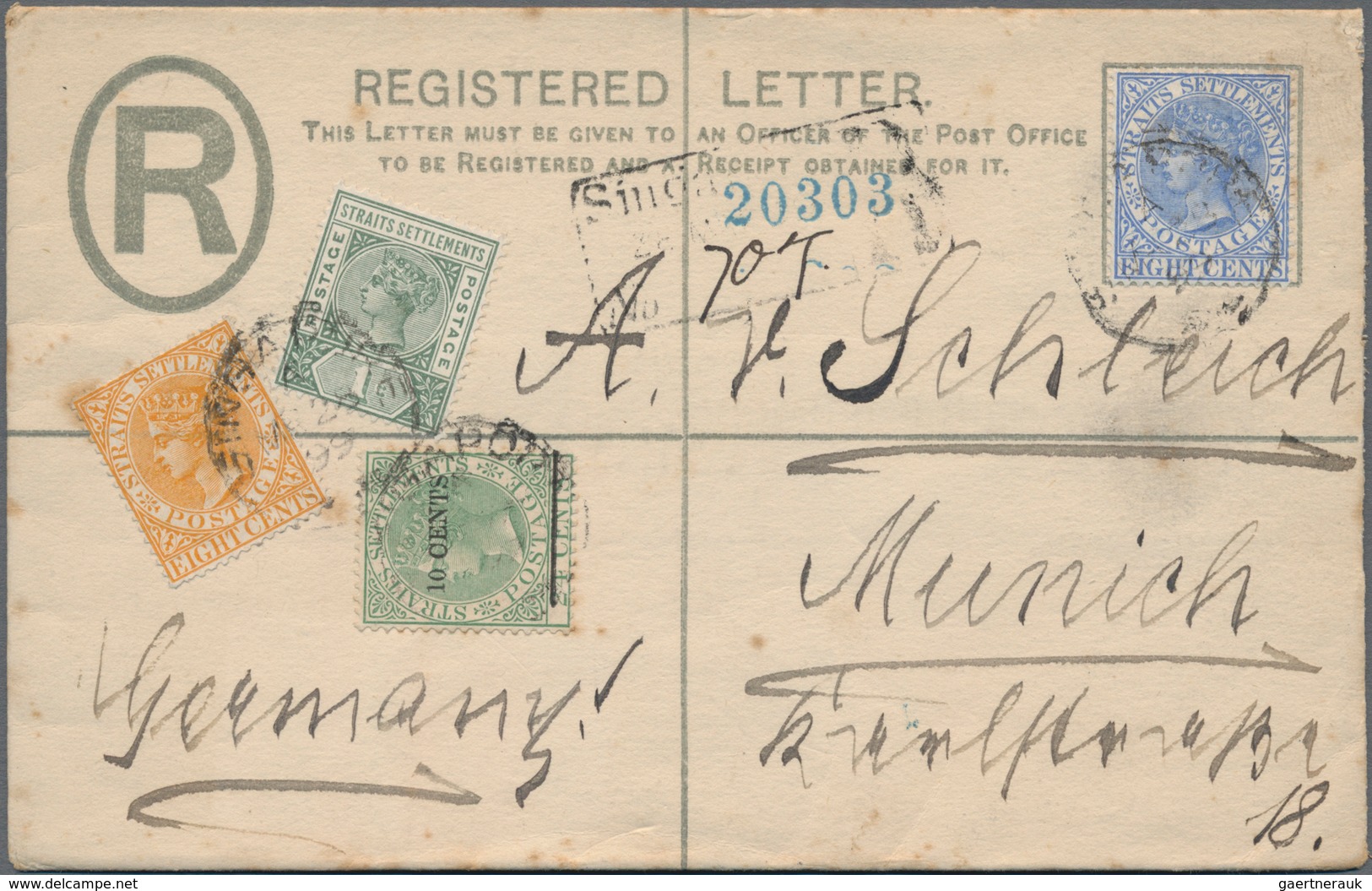 Malaiische Staaten - Straits Settlements: 1899, Registration Envelope 5 C. Uprated QV 1 C., 8 C. Blu - Straits Settlements