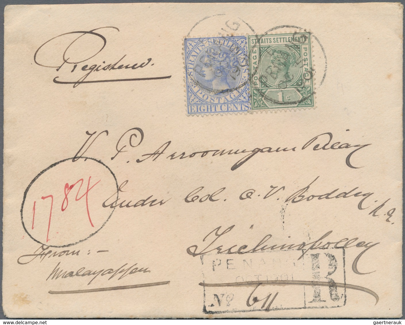 Malaiische Staaten - Straits Settlements: 1901, QV 8 C., 1 C. Tied "PENANG OC 5 1901" To Small Size - Straits Settlements