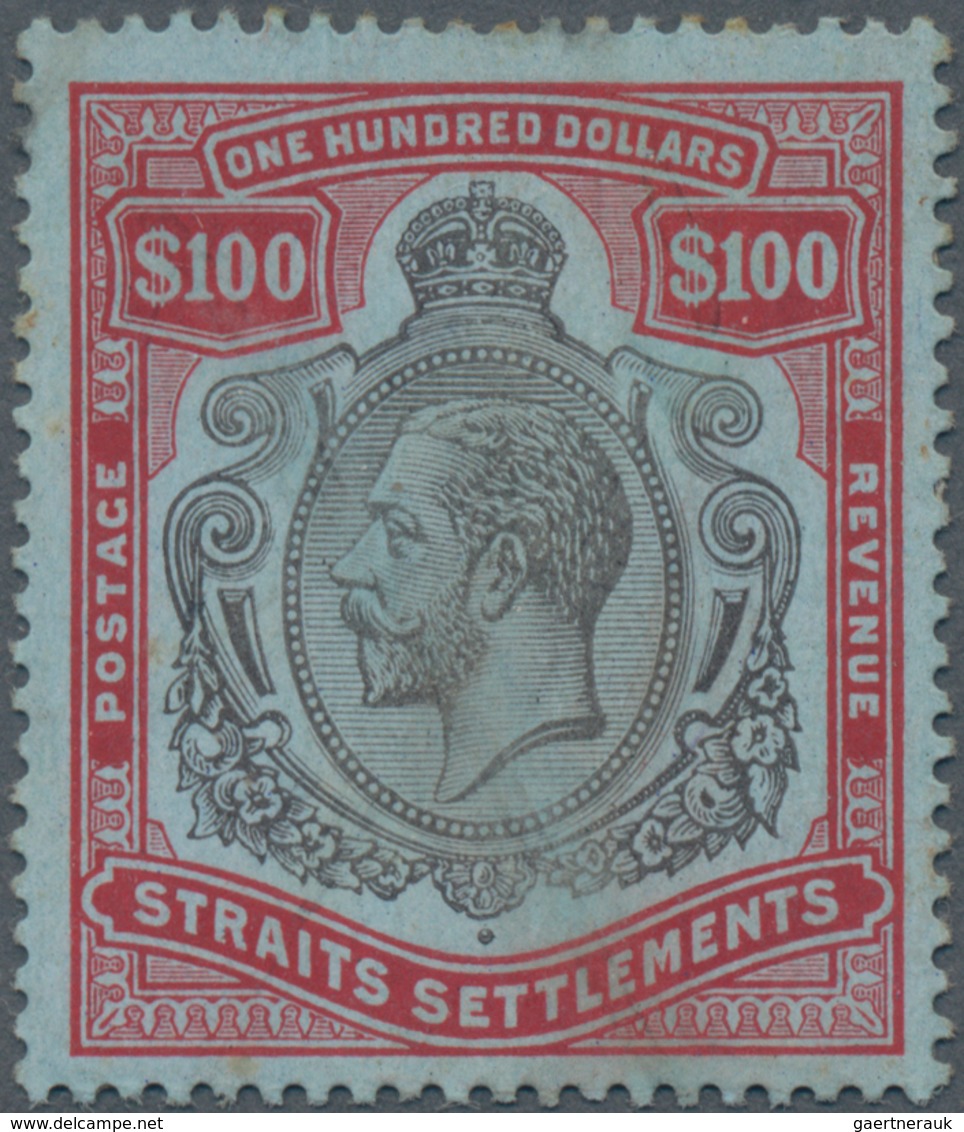 Malaiische Staaten - Straits Settlements: 1912-23 KGV. $100 Black & Carmine/blue, Used (fiscally), W - Straits Settlements