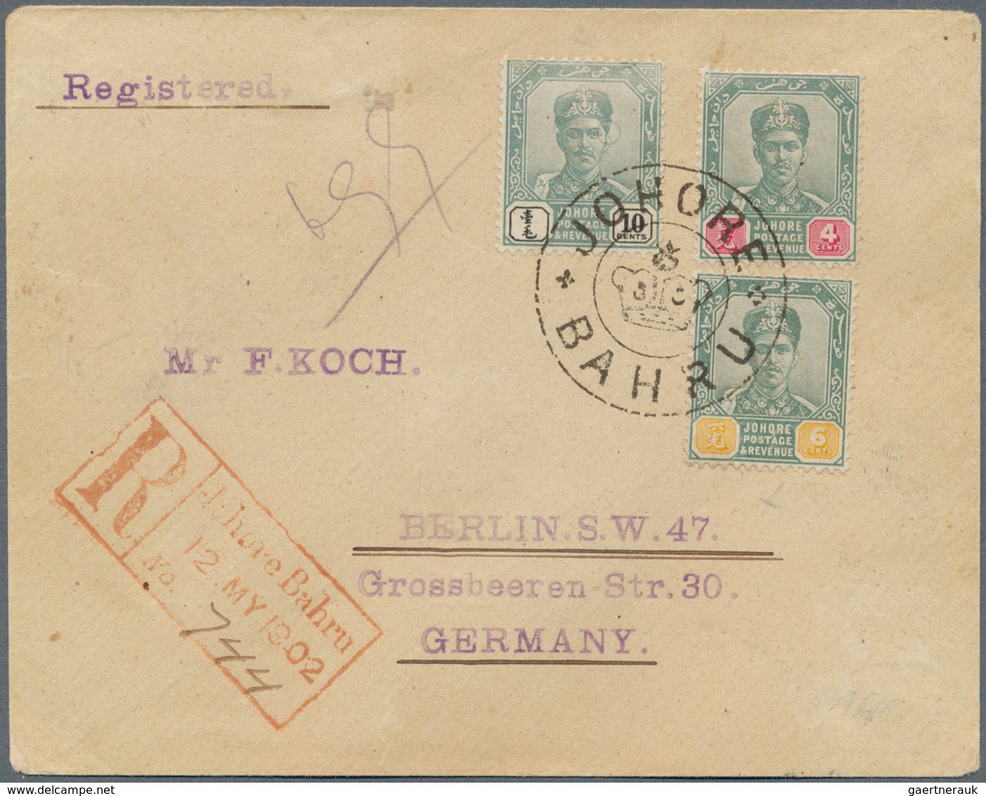 Malaiische Staaten - Johor: 1902 Registered Cover To Germany Franked By 1896-99 10c. Green & Black, - Johore