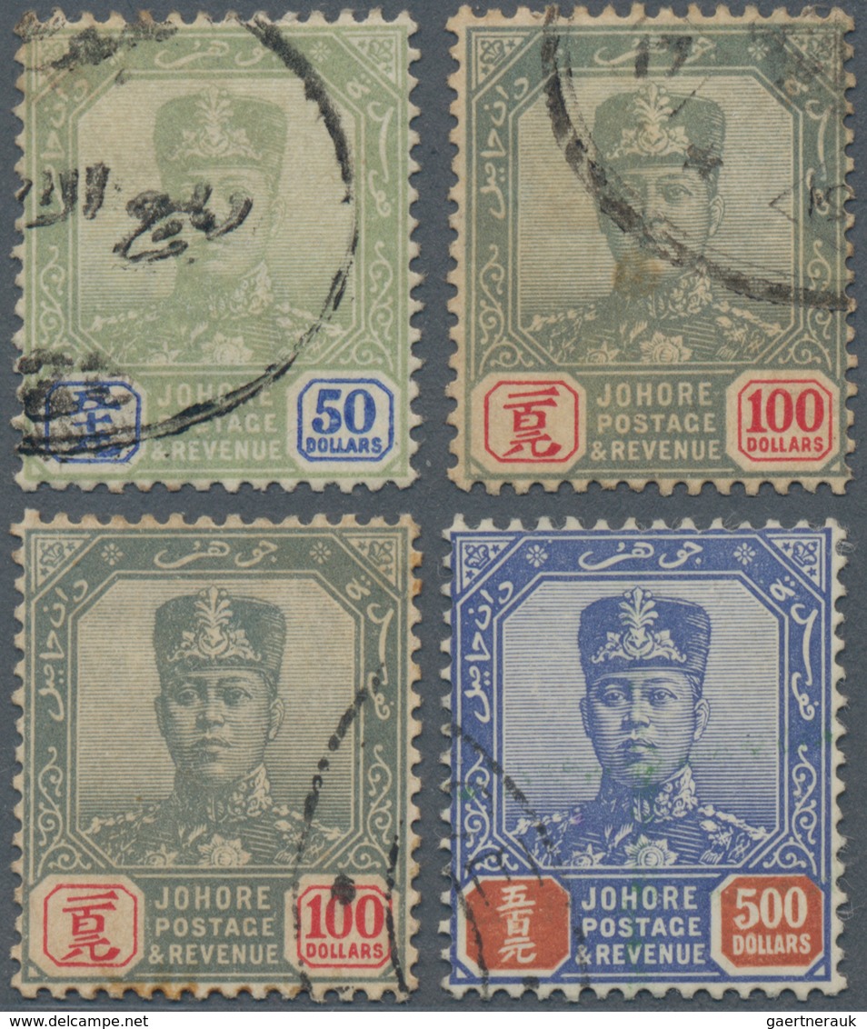 Malaiische Staaten - Johor: 1904-1941 Four High Values Used Fiscally, With $50, Two $100 And 1926 $5 - Johore