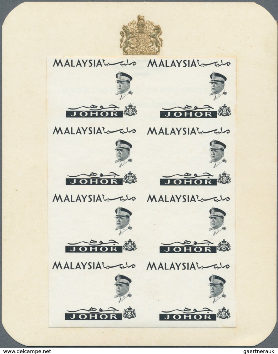 Malaiische Staaten - Johor: 1965, Orchids Imperforate PROOF Block Of Eight With Black Printing Only - Johore