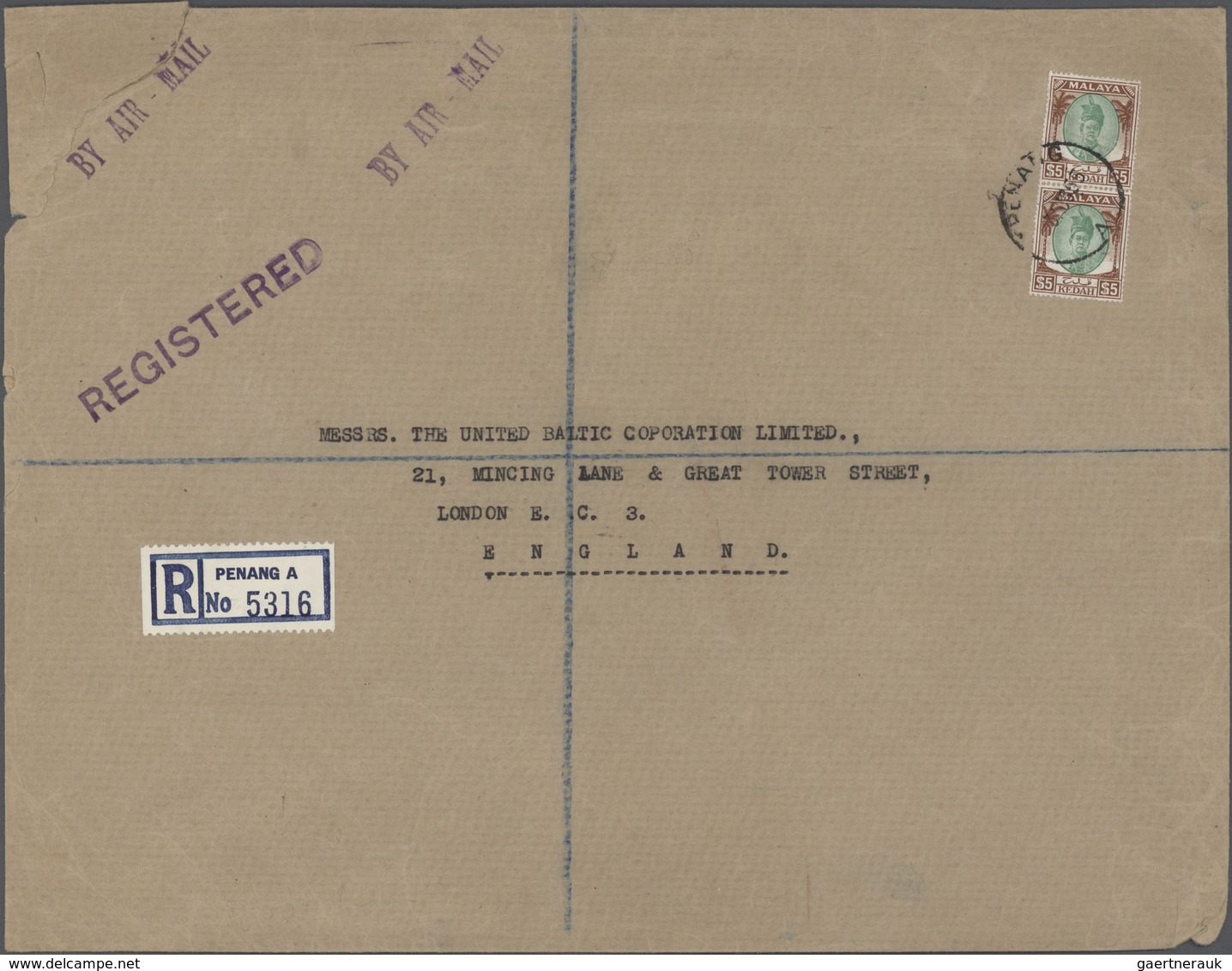 Malaiische Staaten - Kedah: 1950, $5 Sultan Tengku, A Vertical Pair Tied "PENANG 3 AU 55" To Registe - Kedah