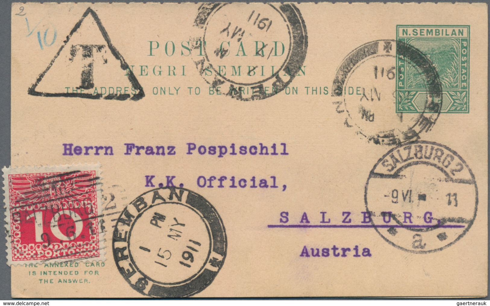 Malaiische Staaten - Negri Sembilan: 1911, Reply Card 1+1 C. Green Canc. "SEREMBAN 15 MY 11" To Salz - Negri Sembilan