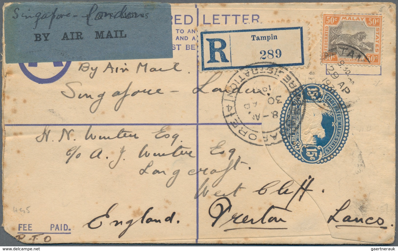Malaiische Staaten - Negri Sembilan: 1931 TAMPIN: F.M.S. Postal Stationery Registered Envelope 15c., - Negri Sembilan