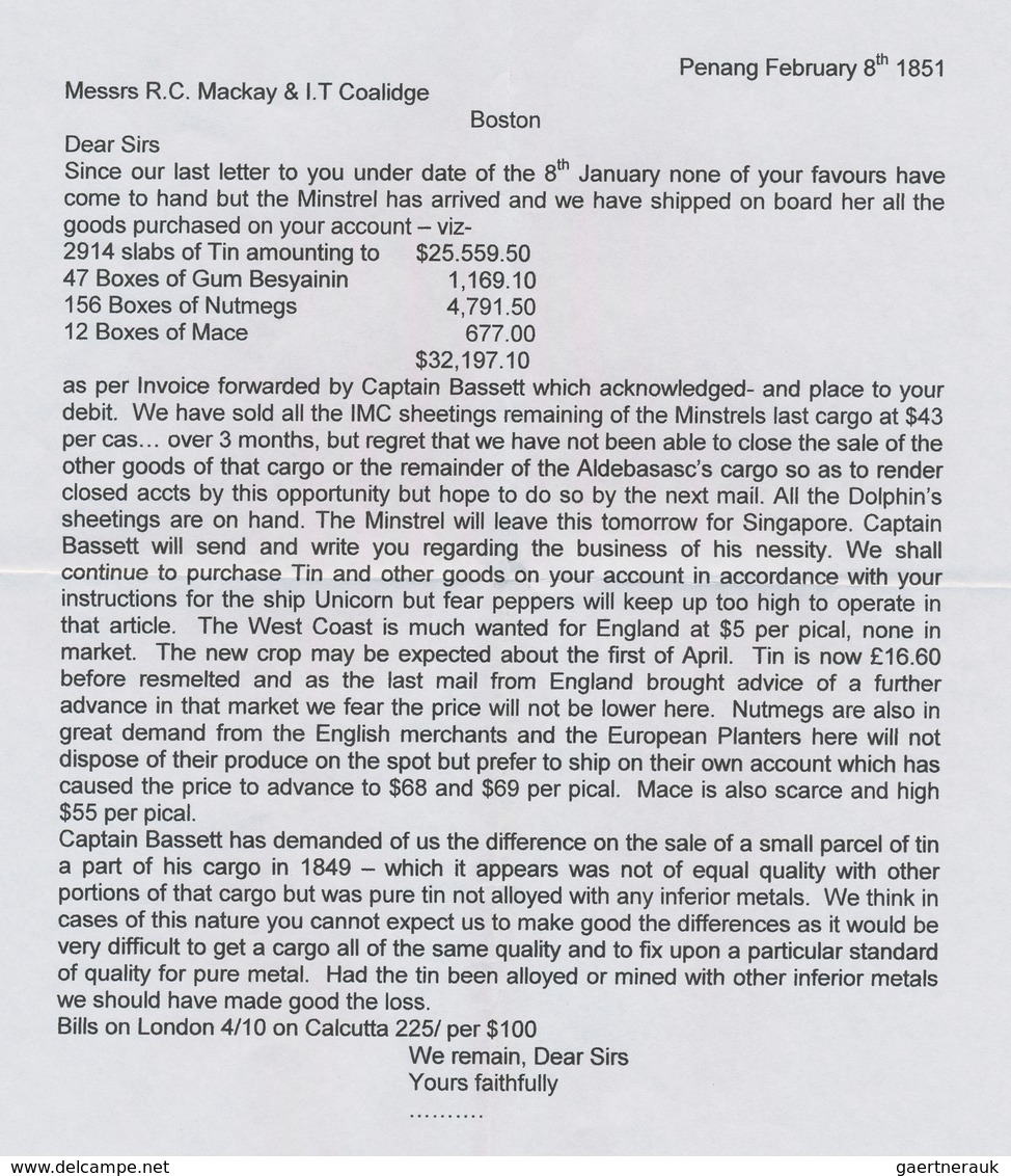 Malaiische Staaten - Penang: 1851, Stampless Folded Letter Addressed To Boston Written From Penang D - Penang