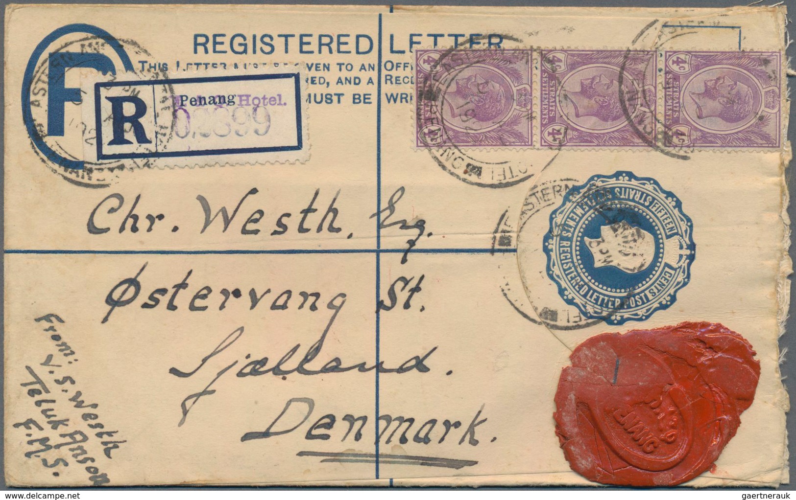 Malaiische Staaten - Penang: 1927 Eastern & Oriental Hotel To DENMARK: Straits Postal Stationery Reg - Penang