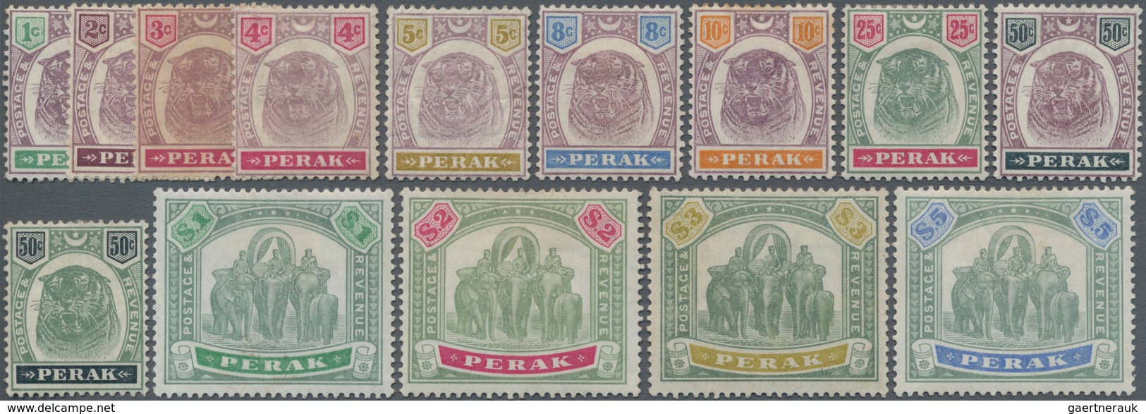 Malaiische Staaten - Perak: 1895, PERAK Set Of 14 Values Up To $5 Green And Ultramarine, All Mint Hi - Perak