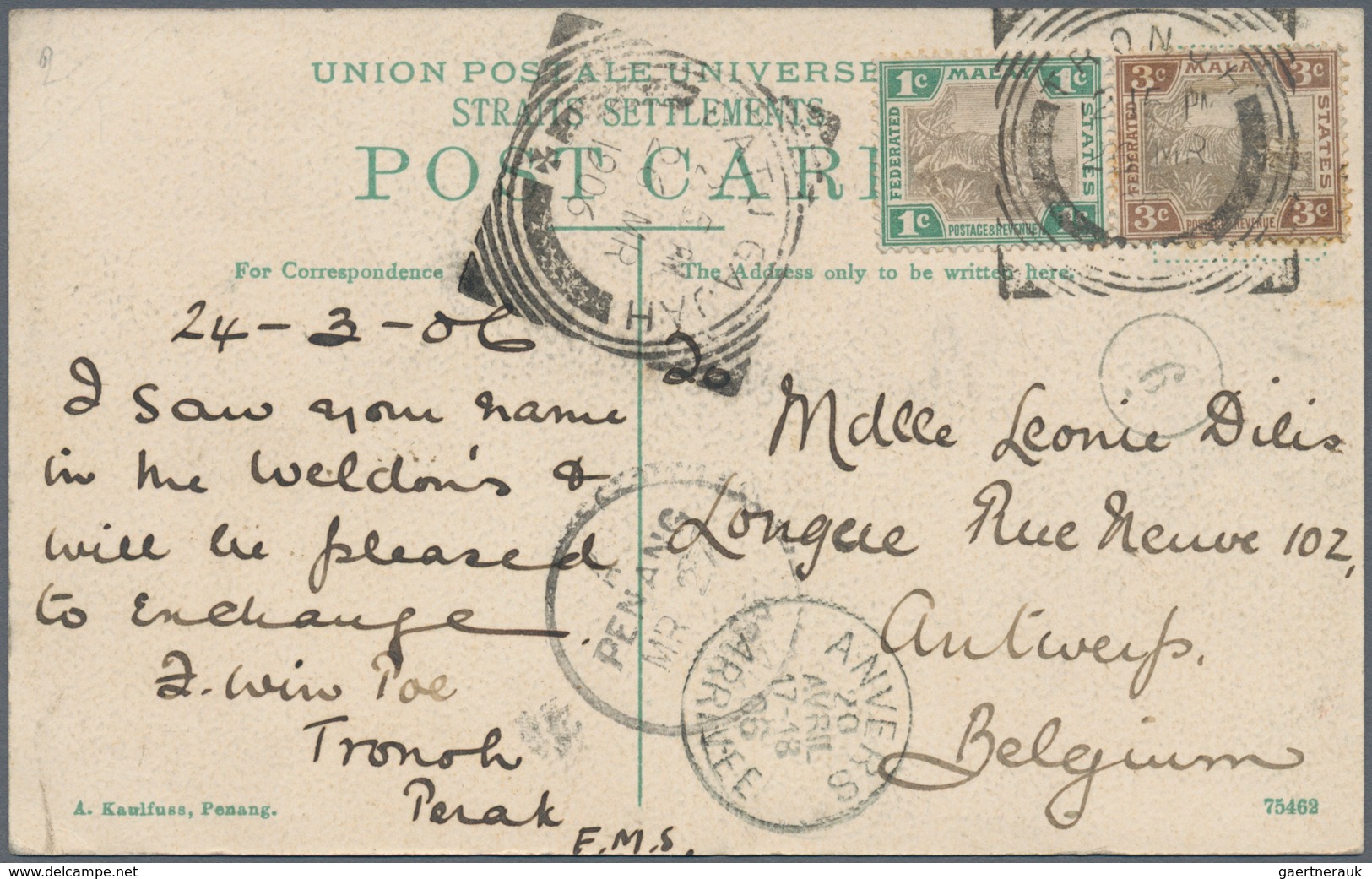 Malaiische Staaten - Perak: 1906 TRONOH: Picture Postcard Used From Tronoh To Antwerp, BELGIUM Via B - Perak