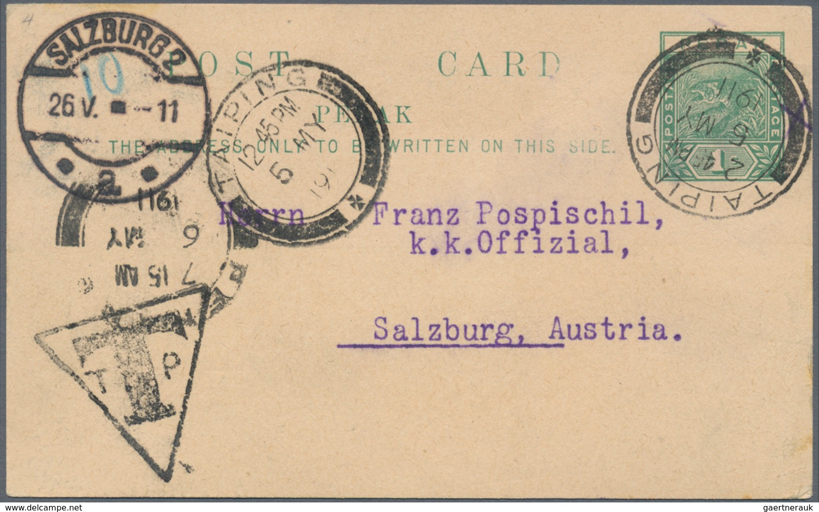 Malaiische Staaten - Perak: 1911 Tax Triangle Handstamp "T/T P" (Proud UP3) On P/s Card 1c. Green Us - Perak