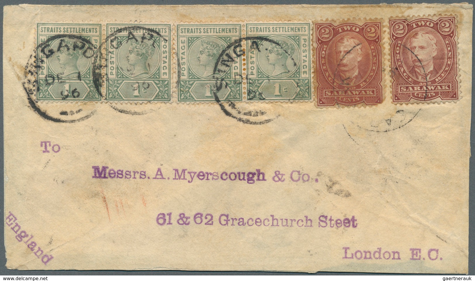 Malaiische Staaten - Sarawak: 1896, Sir Charles Brooke 2c. Brown-red Two Singles Used On Cover With - Sonstige & Ohne Zuordnung