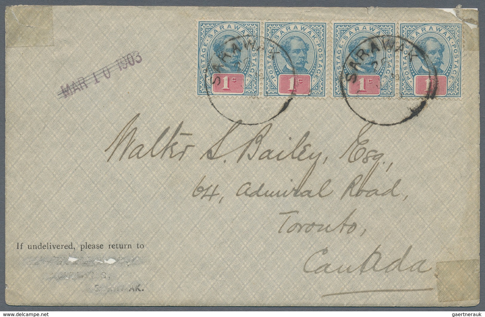 Malaiische Staaten - Sarawak: 1903, Two Pairs 1c Blue/red On Letter From Kuching To Canada, On Rever - Andere & Zonder Classificatie