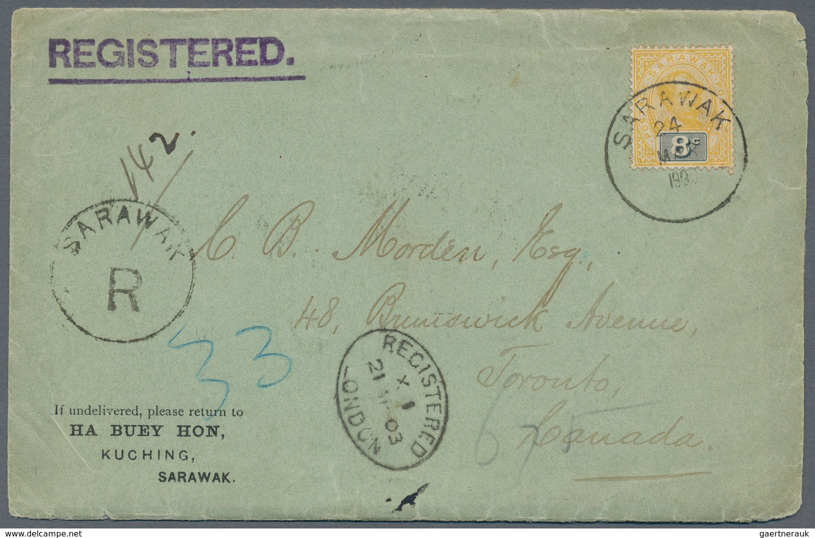 Malaiische Staaten - Sarawak: 1903, 1c Blue/red In Block Of Eight On Reverse And 8c Yellow/blue Sing - Sonstige & Ohne Zuordnung