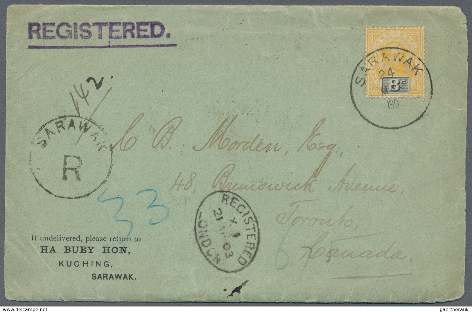 Malaiische Staaten - Sarawak: 1903, 1c Blue/red In Block Of Eight On Reverse And 8c Yellow/blue Sing - Other & Unclassified