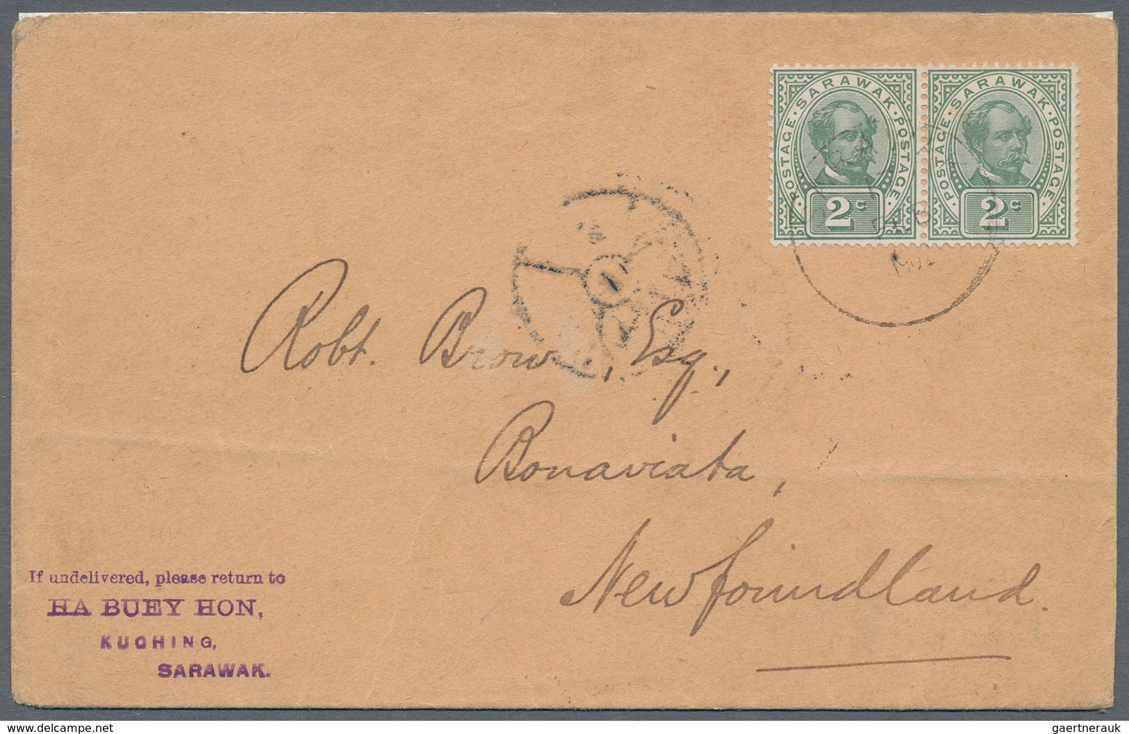 Malaiische Staaten - Sarawak: 1903, 2c Green Pair With Watermark On Cover From Kuching To Newfoundla - Andere & Zonder Classificatie