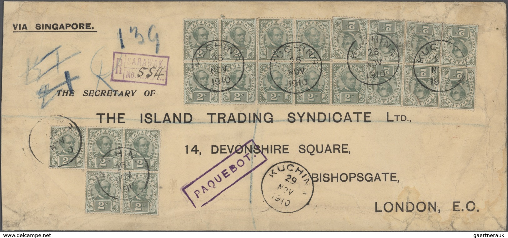 Malaiische Staaten - Sarawak: 1910, 21 Stamps 2c Green In Blocks And Stripes (one Single) On Registe - Other & Unclassified