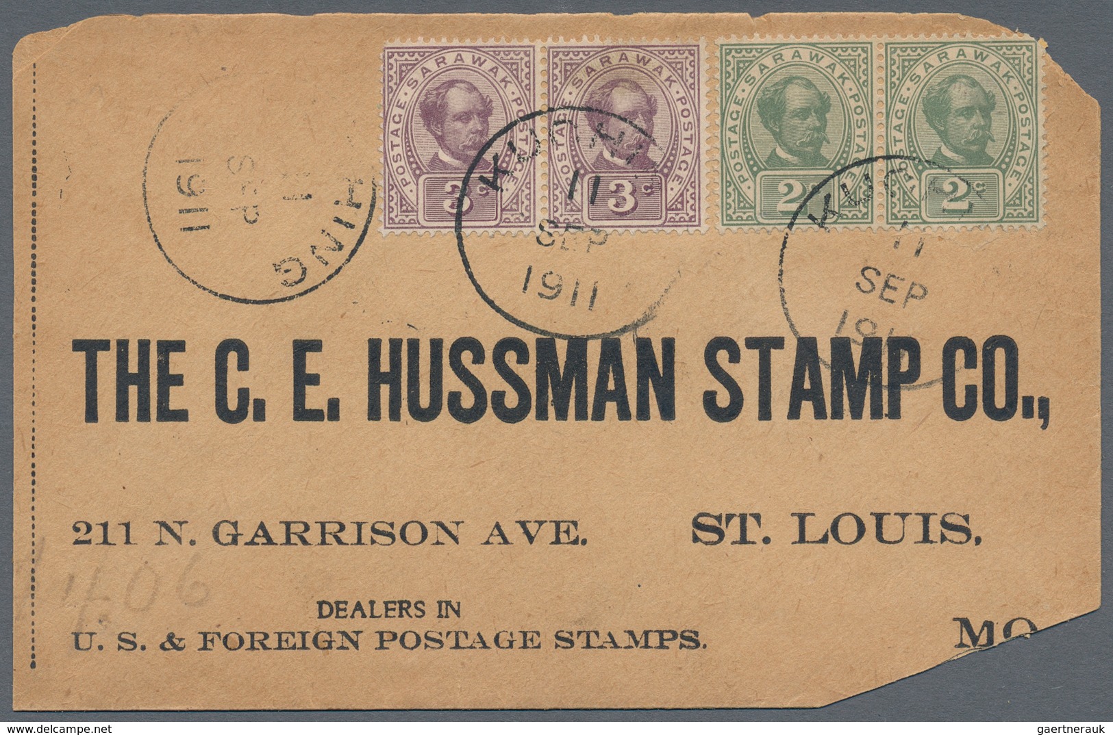 Malaiische Staaten - Sarawak: 1911, 2c Green And 3c Lilac Each Horizontal Pair On Cover From Kuching - Andere & Zonder Classificatie