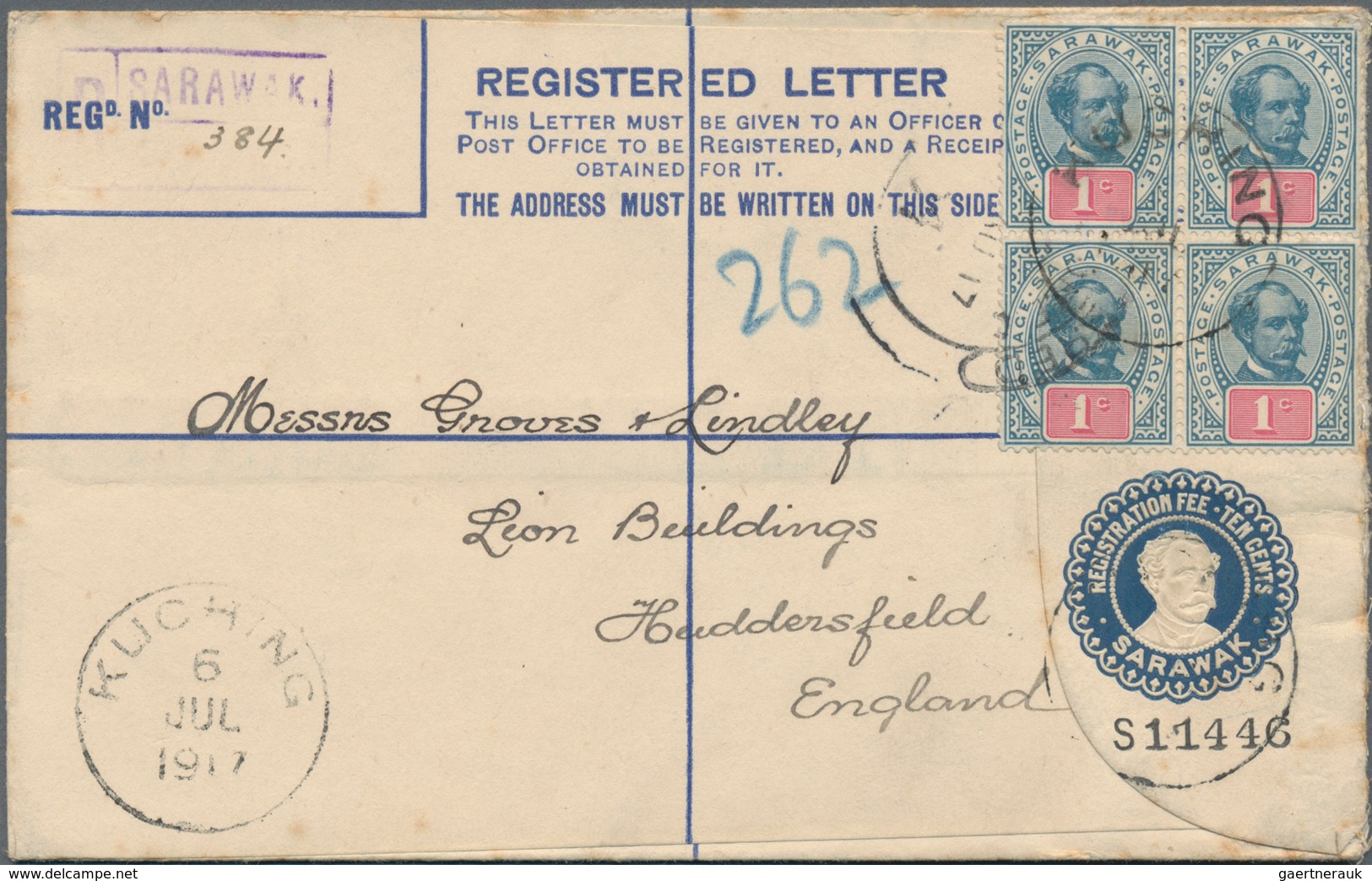 Malaiische Staaten - Sarawak: 1913 Postal Stationery Registered Envelope 10c. Blue Used From Kuching - Andere & Zonder Classificatie