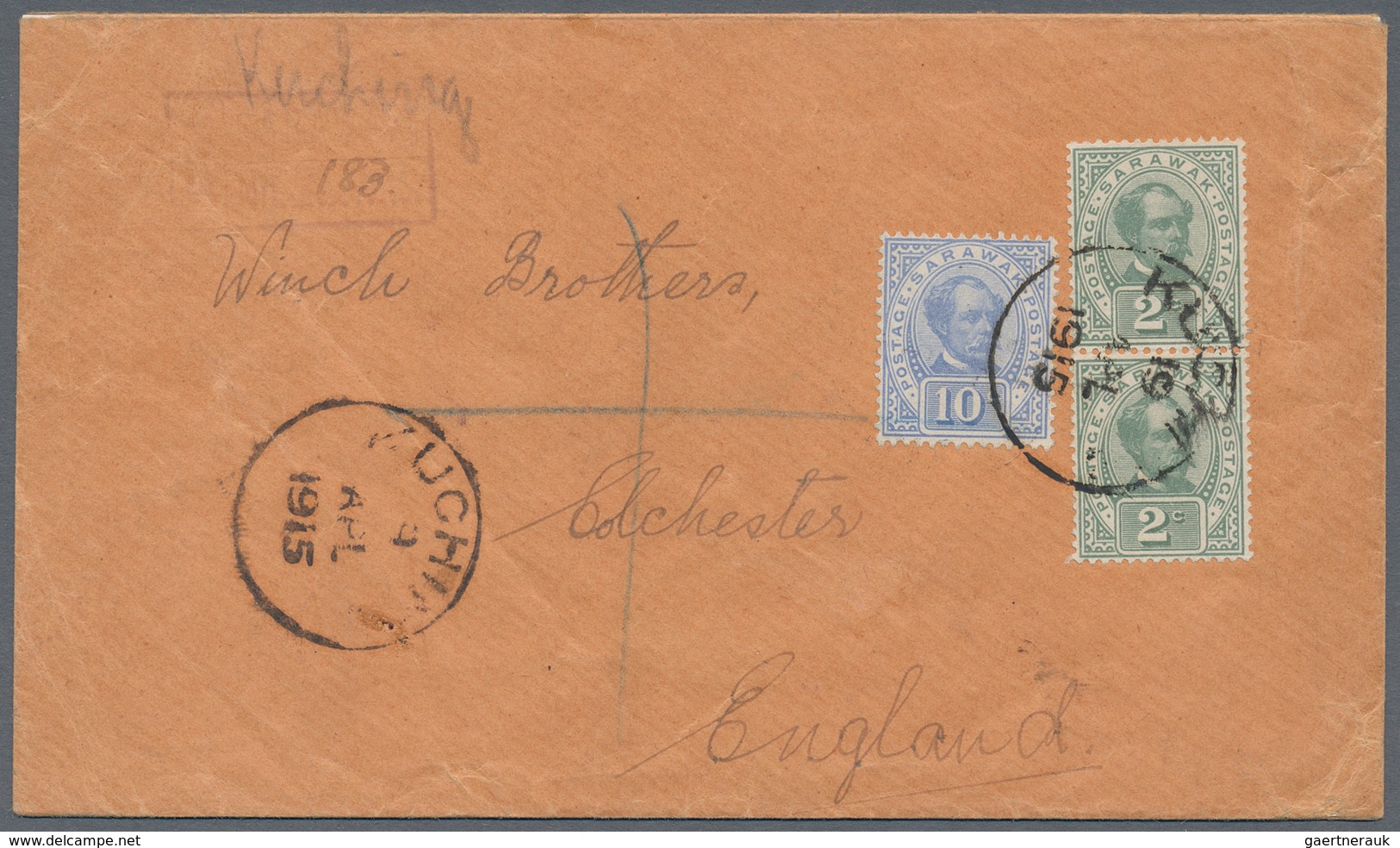 Malaiische Staaten - Sarawak: 1915, 10c Blue And 2c Green Vertical Pair Mixed Franking On Letter Fro - Andere & Zonder Classificatie