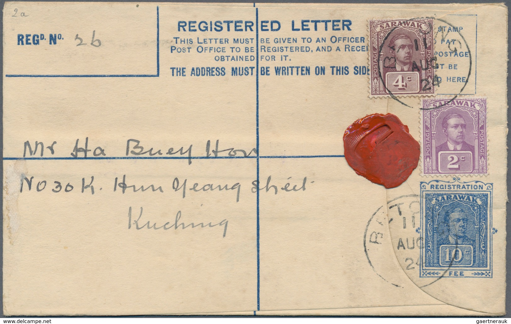 Malaiische Staaten - Sarawak: 1924 BETONG: Postal Stationery Registered Envelope 10c., Uprated 4c. A - Andere & Zonder Classificatie