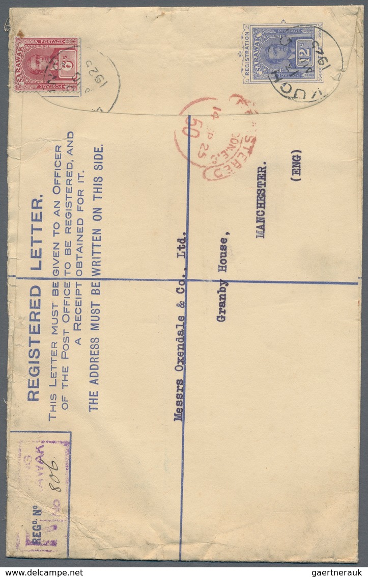 Malaiische Staaten - Sarawak: 1925, 12c Blue Postal Stationery Registered Cover With Additional Fran - Andere & Zonder Classificatie