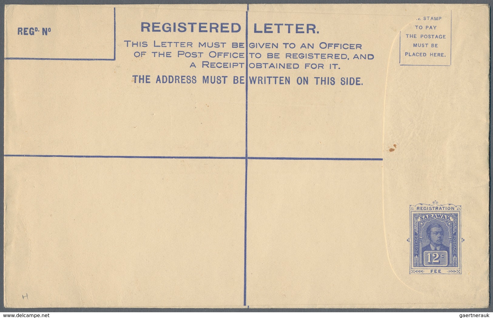 Malaiische Staaten - Sarawak: 1925, 12 C Blue Postal Stationery Registered Cover, Size "H", Unused - Other & Unclassified