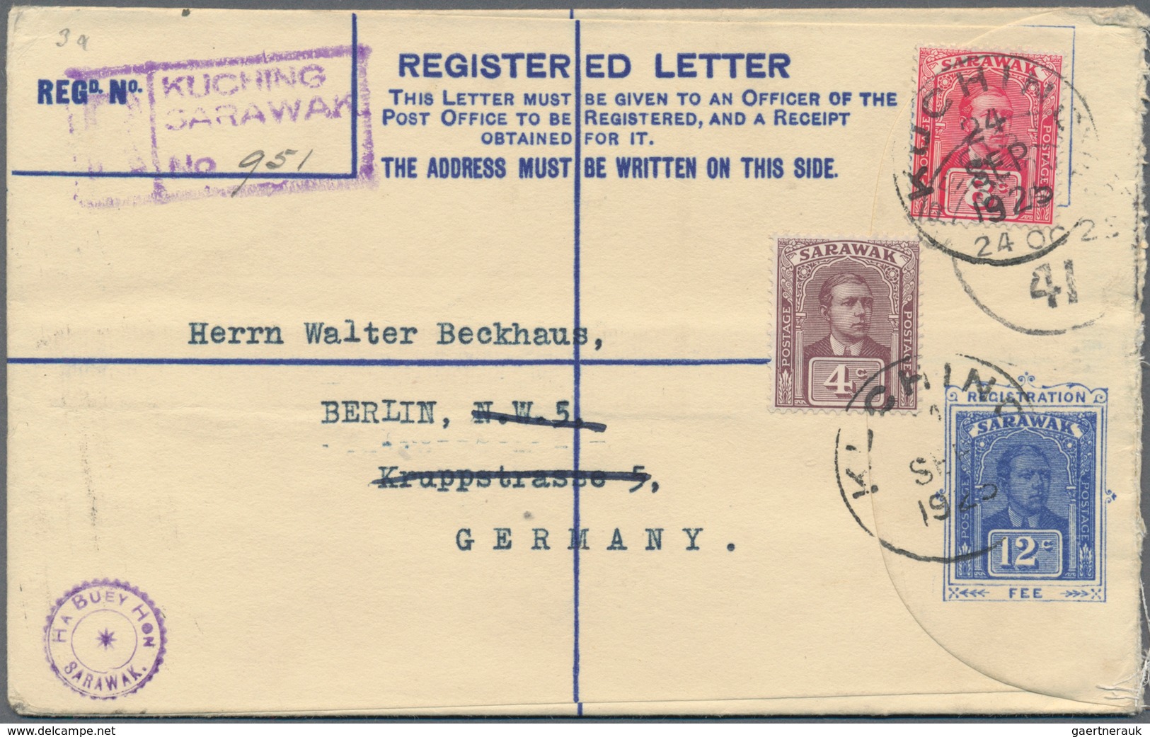 Malaiische Staaten - Sarawak: 1925: Postal Stationery Registered Envelope 12c., Uprated 8c. And 4c., - Andere & Zonder Classificatie