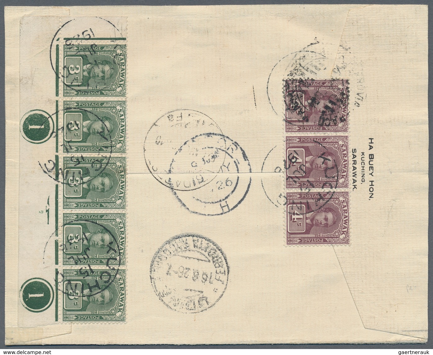 Malaiische Staaten - Sarawak: 1926, 3c Green Horizontal Stripe Of Five With Plate-number "1" Mixed F - Sonstige & Ohne Zuordnung