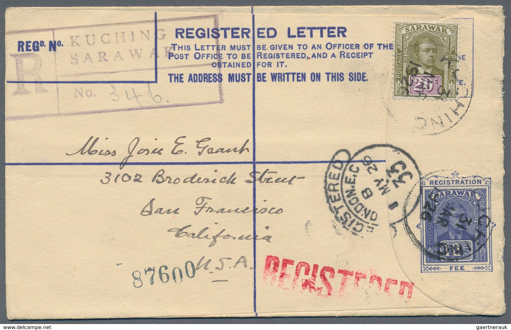 Malaiische Staaten - Sarawak: 1926, 12c Blue Postal Stationery Registered Cover With Additional Fran - Andere & Zonder Classificatie