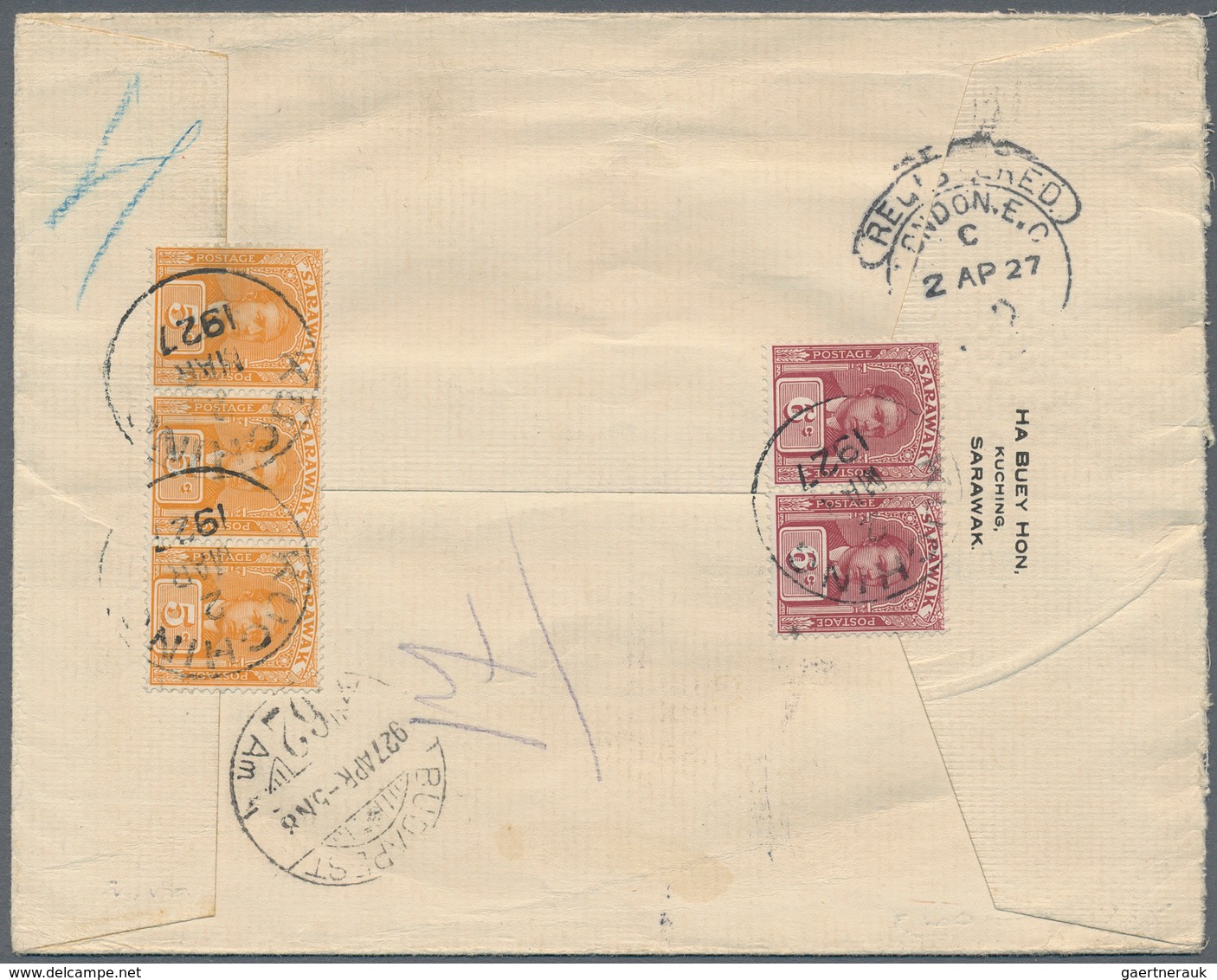 Malaiische Staaten - Sarawak: 1927, 5c Orange Stripe Of Three And 6c Violet Pair Reverse On Register - Andere & Zonder Classificatie