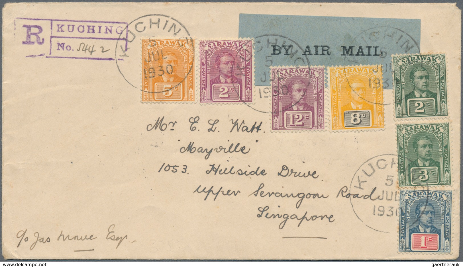 Malaiische Staaten - Sarawak: 1930 Registered Airmail Cover From Kuching To Singapore Franked By Sev - Andere & Zonder Classificatie