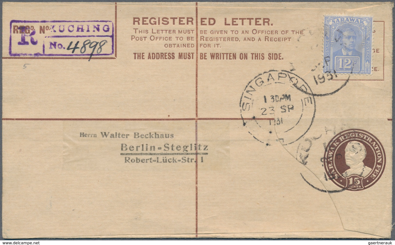 Malaiische Staaten - Sarawak: 1931: Postal Stationery Registered Envelope 15c., Uprated 12c., Used F - Andere & Zonder Classificatie